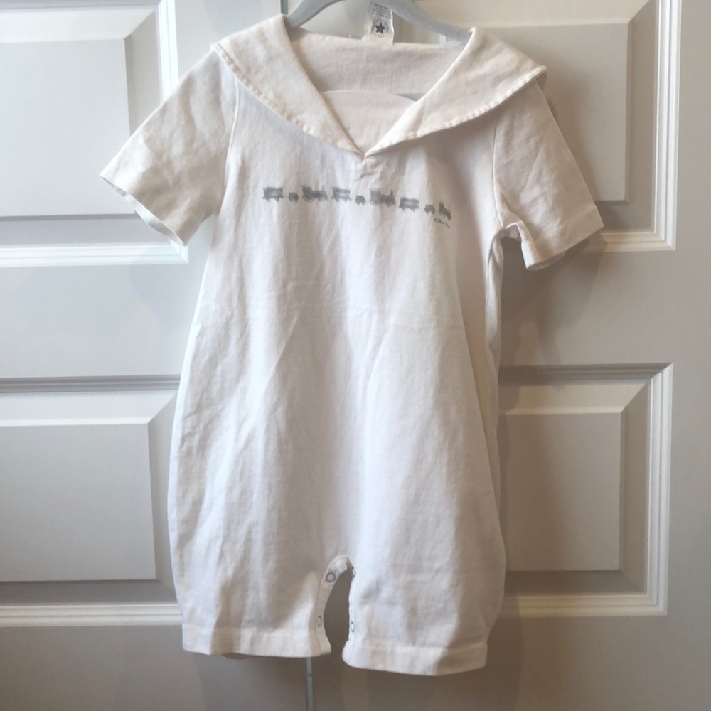 Toddler boys white romper with train. 24 mos.